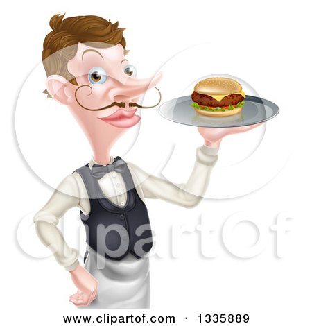 Clipart of a Cartoon Caucasian Male Waiter with a Curling Mustache, Holding a Burger on a Tray - Royalty Free Vector Illustration by AtStockIllustration