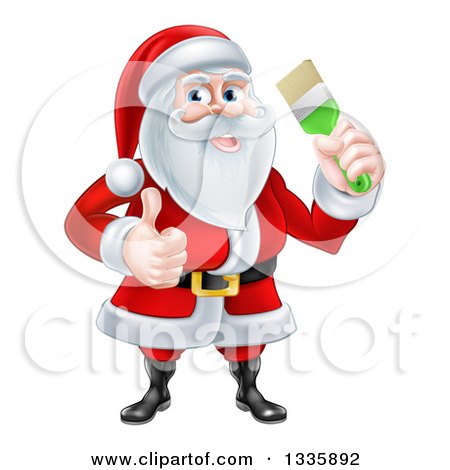 Clipart of a Christmas Santa Claus Holding a Green Paintbrush and Giving a Thumb up - Royalty Free Vector Illustration by AtStockIllustration