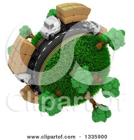 Clipart of a 3d Roadway with Big Rig Trucks Transporting Boxes, Driving Around a Grassy Planet with Trees, on White 3 - Royalty Free Illustration by KJ Pargeter