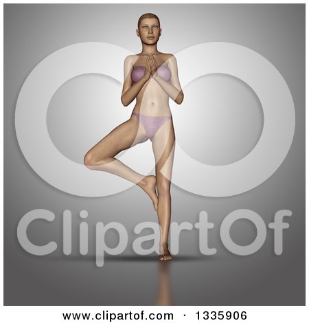 Clipart of a 3d Fit Caucasian Woman Balanced in a Yoga Pose, on Gray - Royalty Free Illustration by KJ Pargeter