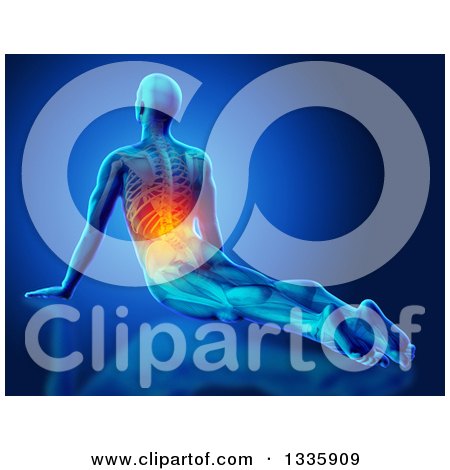 Clipart of a 3d Anatomical Man Stretching on the Floor in a Yoga Pose, with Visible Skeleton and Glowing Back Pain, on Blue - Royalty Free Illustration by KJ Pargeter