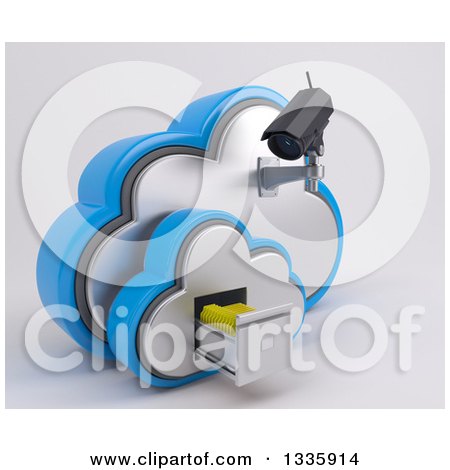 Clipart of a 3d Black HD CCTV Security Surveillance Camera Mounted on Cloud Icon with Folders in a Filing Cabinet, on off White - Royalty Free Illustration by KJ Pargeter