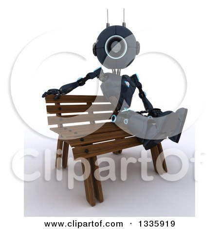 Clipart of a 3d Blue Android Robot Sitting on a Park Bench, on Shaded White - Royalty Free Illustration by KJ Pargeter