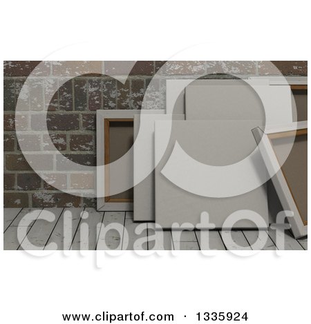 Clipart of 3d Blank Art Canvases, on Wood over Bricks 2 - Royalty Free Illustration by KJ Pargeter