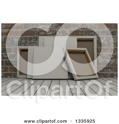 Clipart of 3d Blank Art Canvases, on Wood over Bricks 3 - Royalty Free Illustration by KJ Pargeter