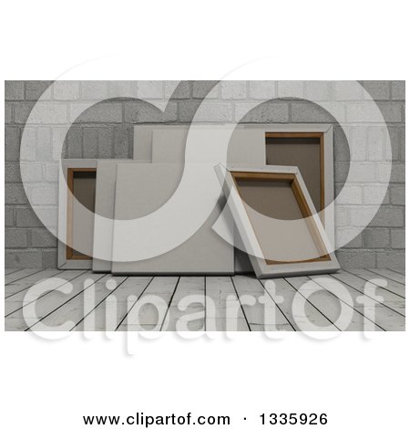Clipart of 3d Blank Art Canvases, on White Wood over Bricks - Royalty Free Illustration by KJ Pargeter