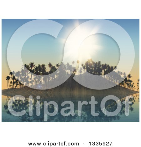 Clipart of a 3d Reflection and a Tropical Island with Palm Trees Against a Shining Sun - Royalty Free Illustration by KJ Pargeter