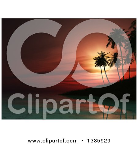 Clipart of a 3d Tropical Red Sunset of an Island with Silhouetted Palm Trees - Royalty Free Illustration by KJ Pargeter