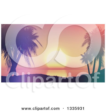 Clipart of a 3d Tropical Sunset Framed by Silhouetted Palm Trees - Royalty Free Illustration by KJ Pargeter