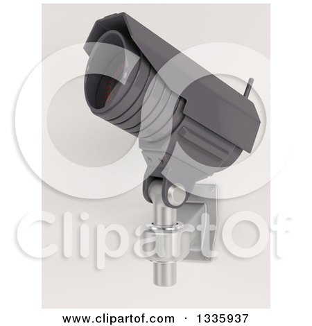Clipart of a 3d Black HD CCTV Security Surveillance Camera Mounted on a Wall, Tilted Upwards to the Left, on off White - Royalty Free Illustration by KJ Pargeter