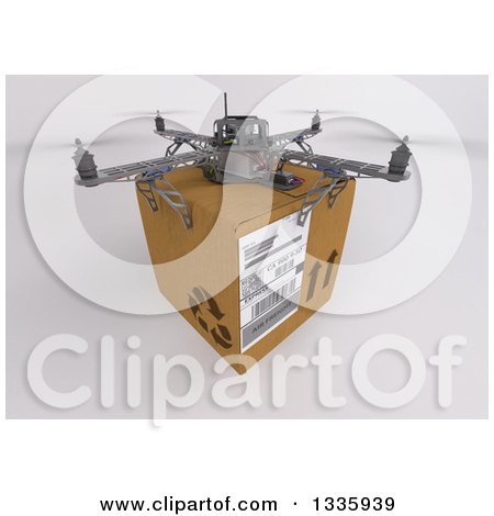 Clipart of a 3d Metal Quadcopter Drone with a Box on Shading - Royalty Free Illustration by KJ Pargeter