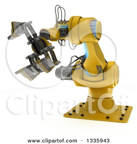 Clipart of a 3d Yellow Industrial Robotic Arm, on White - Royalty Free Illustration by KJ Pargeter