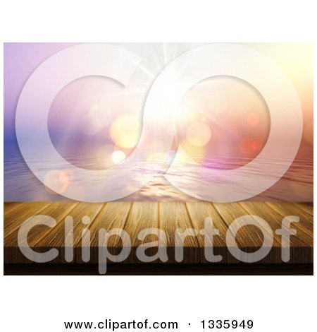 Clipart of a 3d Wood Dock and Ocean Sunset with Flares - Royalty Free Illustration by KJ Pargeter