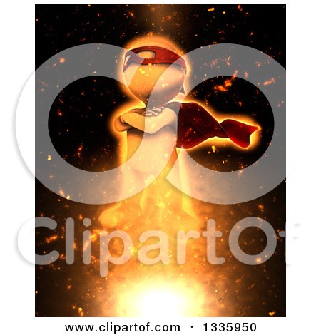 Clipart of a 3d White Man Super Hero Taking off with Fiery Explosion Effect - Royalty Free Illustration by KJ Pargeter