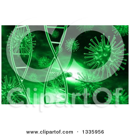 Clipart of a 3d Medical Background of Green Dna Strands and Viruses - Royalty Free Illustration by KJ Pargeter