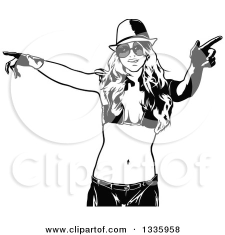 Clipart of a Grayscale Party Woman in a Bikini Top and Sunglasses, Gesturing with Her Hands - Royalty Free Vector Illustration by dero