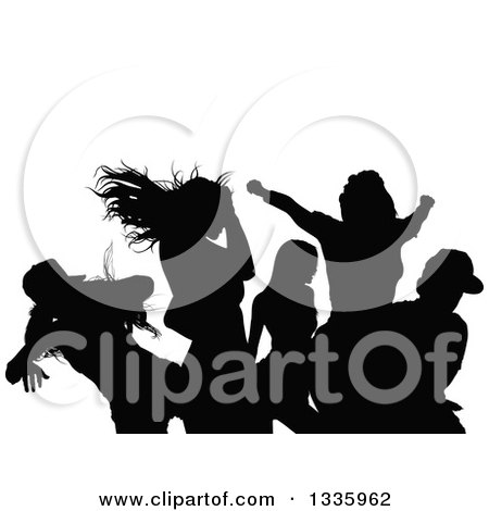 Clipart of a Crowd of Black Silhouetted Young Dancers in a Club - Royalty Free Vector Illustration by dero