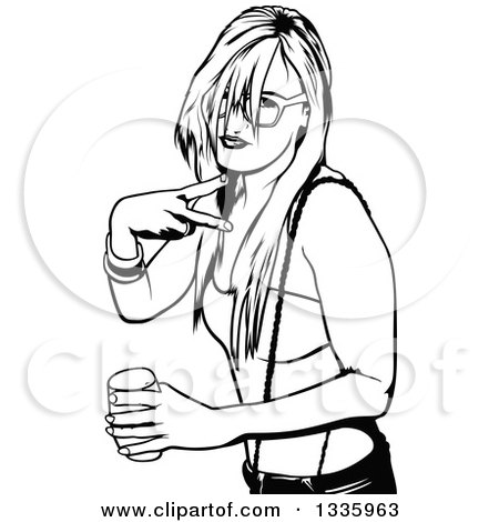 Clipart of a Black and White Party Woman Doing a Hand Gesture and Holding a Beverage - Royalty Free Vector Illustration by dero
