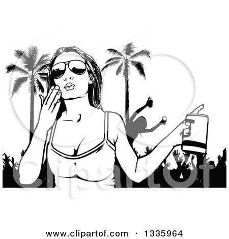 Clipart of a Black and White Woman Wearing Sunglasses, Holding a Beer and Blowing a Kiss over Spring Break Party People and Palm Trees - Royalty Free Vector Illustration by dero