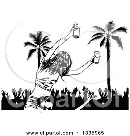Clipart of a Black and White Woman Holding Beer on Someone's Shoulders, over Party People and Palm Trees - Royalty Free Vector Illustration by dero
