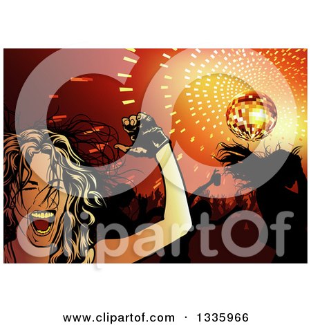 Clipart of a Young Woman Shouting and Dancing over a Crowed and Orange Disco Ball - Royalty Free Vector Illustration by dero