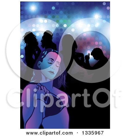 Clipart of a Young Woman in a Bikini Top Against Silhouetted People in a Night Club over Lights - Royalty Free Vector Illustration by dero