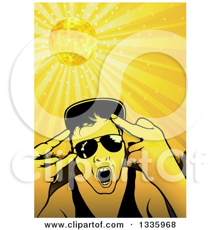 Clipart of a Young Man Wearing Sunglasses and Doing Hand Gestures over a Party Crowd and Yellow Disco Ball - Royalty Free Vector Illustration by dero