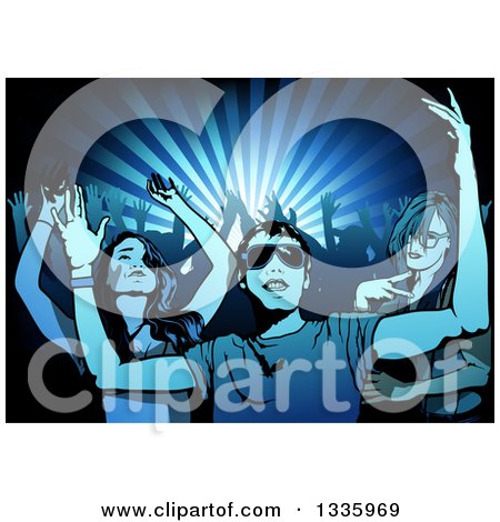 Clipart of a Young People Dancing in a Crowd, with Silhouetted Arms over Blue Rays - Royalty Free Vector Illustration by dero