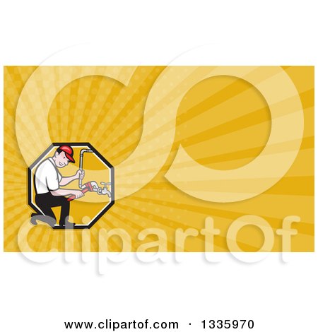 Clipart of a Cartoon White Male Plumber Working on Pipes in a Circle and Yellow Rays Background or Business Card Design - Royalty Free Illustration by patrimonio