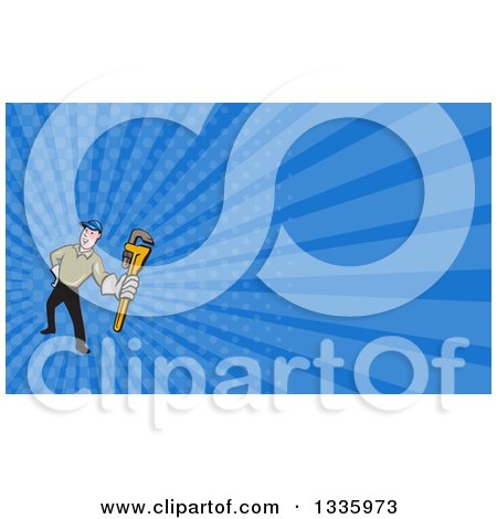 Clipart of a Cartoon White Male Plumber Holding out a Monkey Wrench and Blue Rays Background or Business Card Design - Royalty Free Illustration by patrimonio