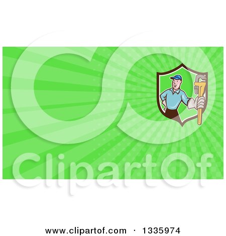 Clipart of a Cartoon White Male Plumber Holding a Monkey Wrench, Emerging from a Shield, and Bright Green Rays Background or Business Card Design - Royalty Free Illustration by patrimonio