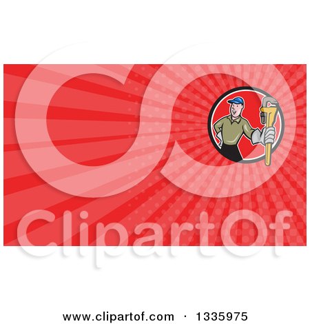 Clipart of a Cartoon White Male Plumber Holding a Monkey Wrench, Emerging from a Circle, and Red Rays Background or Business Card Design - Royalty Free Illustration by patrimonio