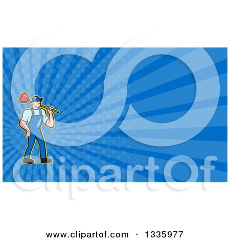 Clipart of a Cartoon White Male Plumber Carrying a Plunger over His Shoulder and Blue Rays Background or Business Card Design - Royalty Free Illustration by patrimonio