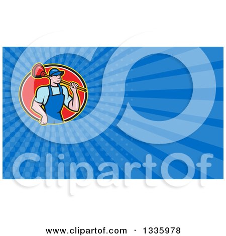 Clipart of a Cartoon White Male Plumber in an Oval, Carrying a Plunger over His Shoulder and Blue Rays Background or Business Card Design - Royalty Free Illustration by patrimonio