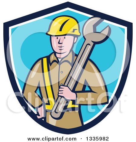 Clipart of a Cartoon White Male Construction Worker Holding a Giant Spanner Wrench Against His Shoulder in a Blue and White Shield - Royalty Free Vector Illustration by patrimonio