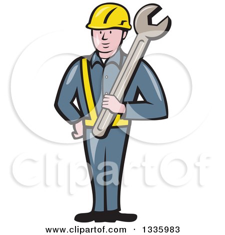 Clipart of a Cartoon White Male Construction Worker Holding a Giant Spanner Wrench Against His Shoulder - Royalty Free Vector Illustration by patrimonio