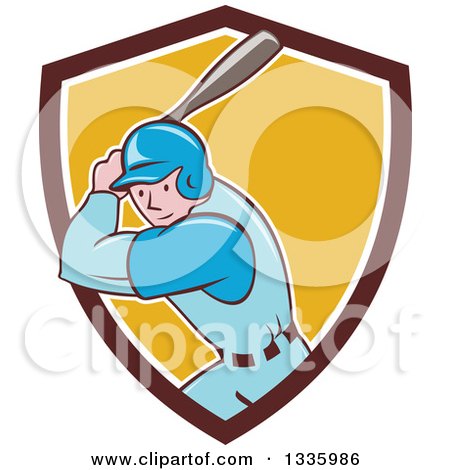 Clipart of a Cartoon White Male Baseball Player Athlete Batting in a Brown White and Yellow Shield - Royalty Free Vector Illustration by patrimonio