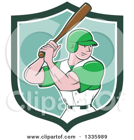 Clipart of a Cartoon White Male Baseball Player Athlete Batting in a Black White and Blue Shield - Royalty Free Vector Illustration by patrimonio