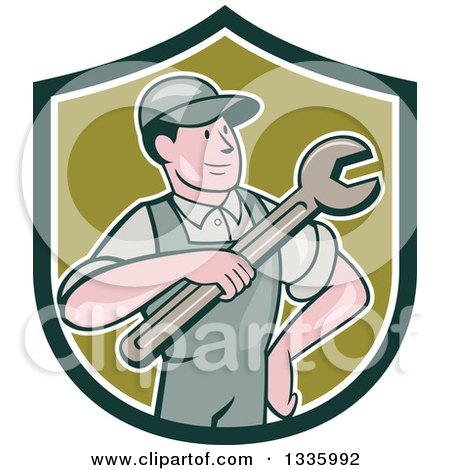 Clipart of a Cartoon Proud White Male Mechanic Holding a Wrench in a Green and White Shield - Royalty Free Vector Illustration by patrimonio