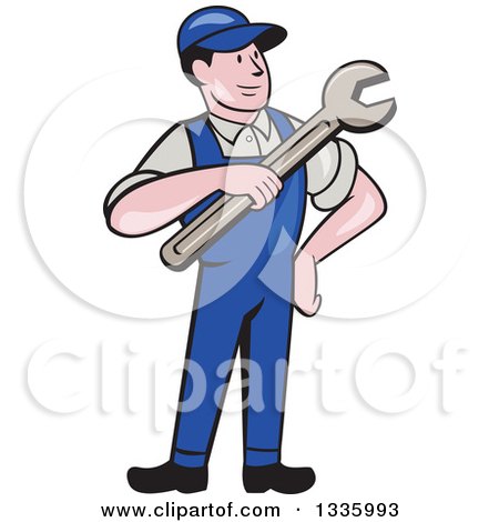 Clipart of a Cartoon Proud White Male Mechanic in Blue Overalls, Holding a Wrench - Royalty Free Vector Illustration by patrimonio