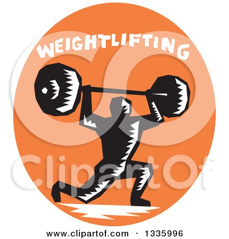 Clipart of a Retro Black and White Woodcut Bodybuilder Male Athlete Doing Lunges with a Barbell, with Text in an Orange Oval - Royalty Free Vector Illustration by patrimonio