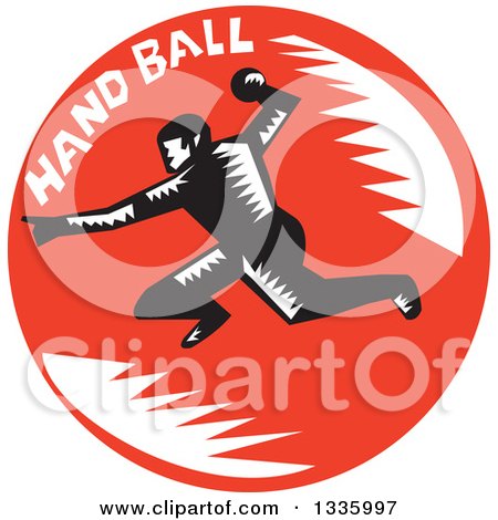Clipart of a Retro Black and White Woodcut Male Handball Player in Action, with Text in a Red Circle - Royalty Free Vector Illustration by patrimonio