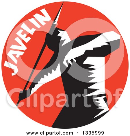 Clipart of a Retro Black and White Woodcut Male Track and Field Athlete Throwing a Javelin with Text in a Red Circle - Royalty Free Vector Illustration by patrimonio