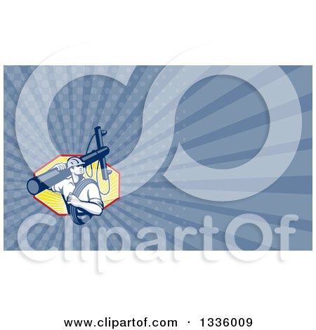 Clipart of a Retro Lineman Worker Carrying a Pole and Cable and Blue Rays Background or Business Card Design - Royalty Free Illustration by patrimonio