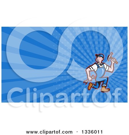 Clipart of a Cartoon White Male Builder Running with Tools and Blue Rays Background or Business Card Design - Royalty Free Illustration by patrimonio
