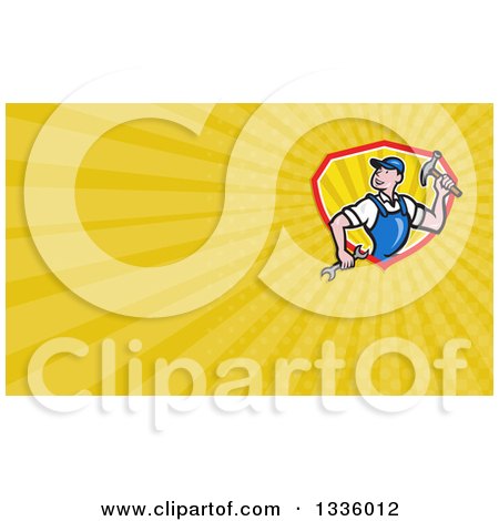 Clipart of a Cartoon White Male Builder with Tools and Yellow Rays Background or Business Card Design - Royalty Free Illustration by patrimonio