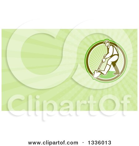 Clipart of a Retro Male Gardener Digging with a Shovel and Green Rays Background or Business Card Design - Royalty Free Illustration by patrimonio