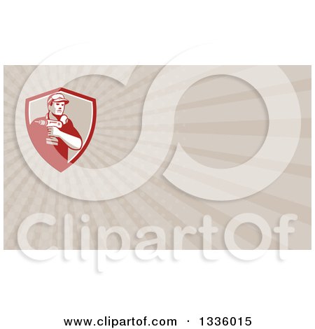 Clipart of a Retro Handy Man Holding a Power Drill in a Shield and Tan Rays Background or Business Card Design - Royalty Free Illustration by patrimonio