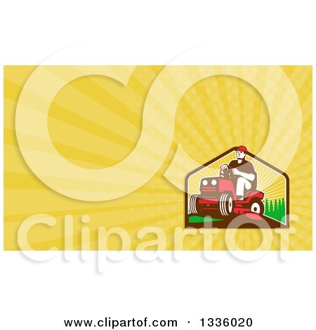 Clipart of a Retro Farmer or Gardener Operating a Ride on Lawn Mower and Yellow Rays Background or Business Card Design - Royalty Free Illustration by patrimonio