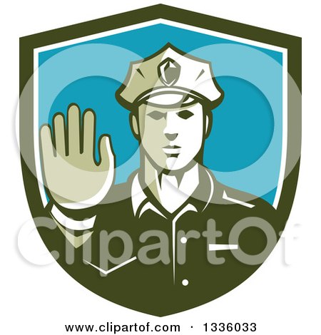 Clipart of a Retro White Male Police Officer Gesturing Stop with His Hand Inside a Green White and Blue Shield - Royalty Free Vector Illustration by patrimonio